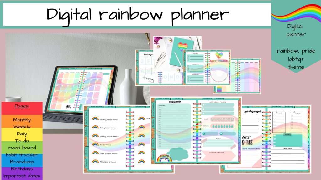 Digitale planner bindel, regenboog pride thema met bijpassende stickers. Regenboog, prode, lgbtq+, quotes stickers en planner