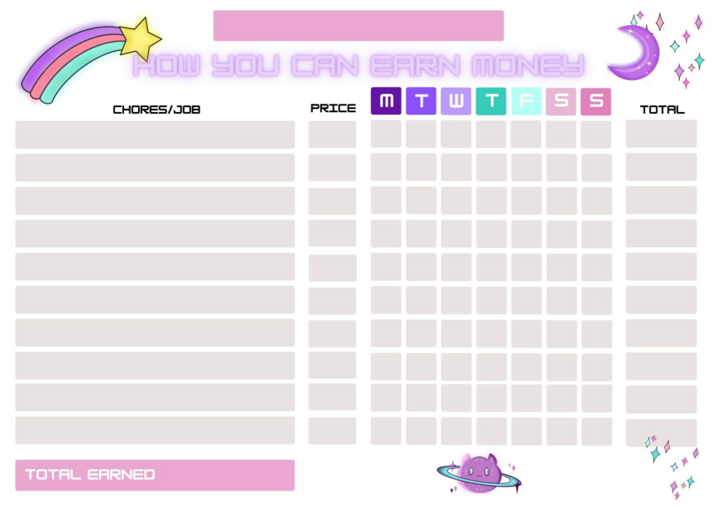 schema voor kinderen, beloningssysteem kind, klusjes schema kind, zakgeld tracker kind, wekelijks schema kind, gedragsbeloning schema kind,  geld verdien schema kind