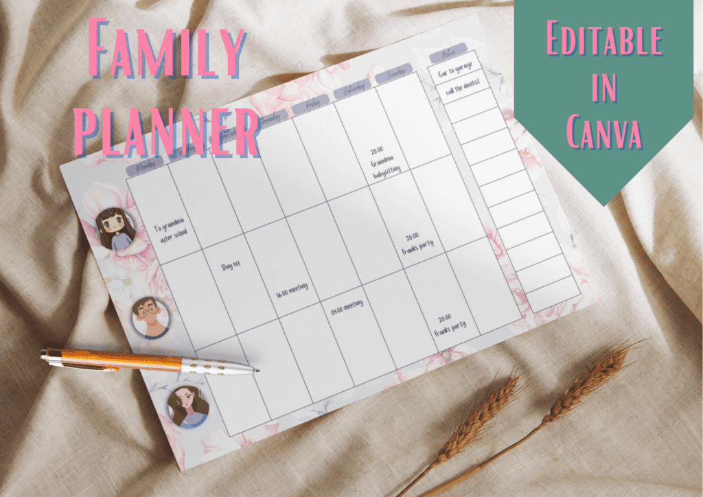 Familieplanner, weekplanner, gezinsorganisatie, Canva-template, aanpasbaar, georganiseerd leven, gezinsleven, weekplanning, aanpasbare planner,