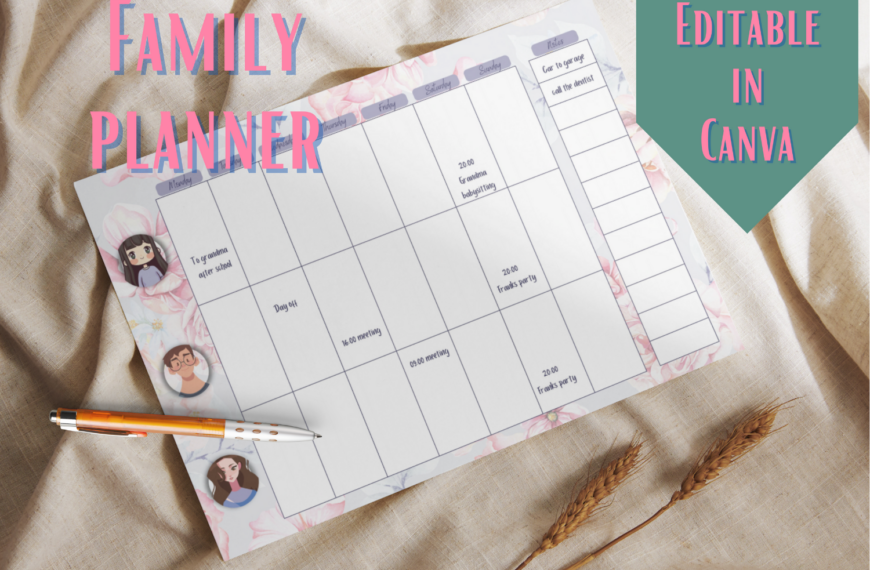 Familieplanner, templates, weekplanner, gezinsorganisatie, Canva-template, aanpasbaar, georganiseerd leven, gezinsleven, weekplanning, aanpasbare planner,