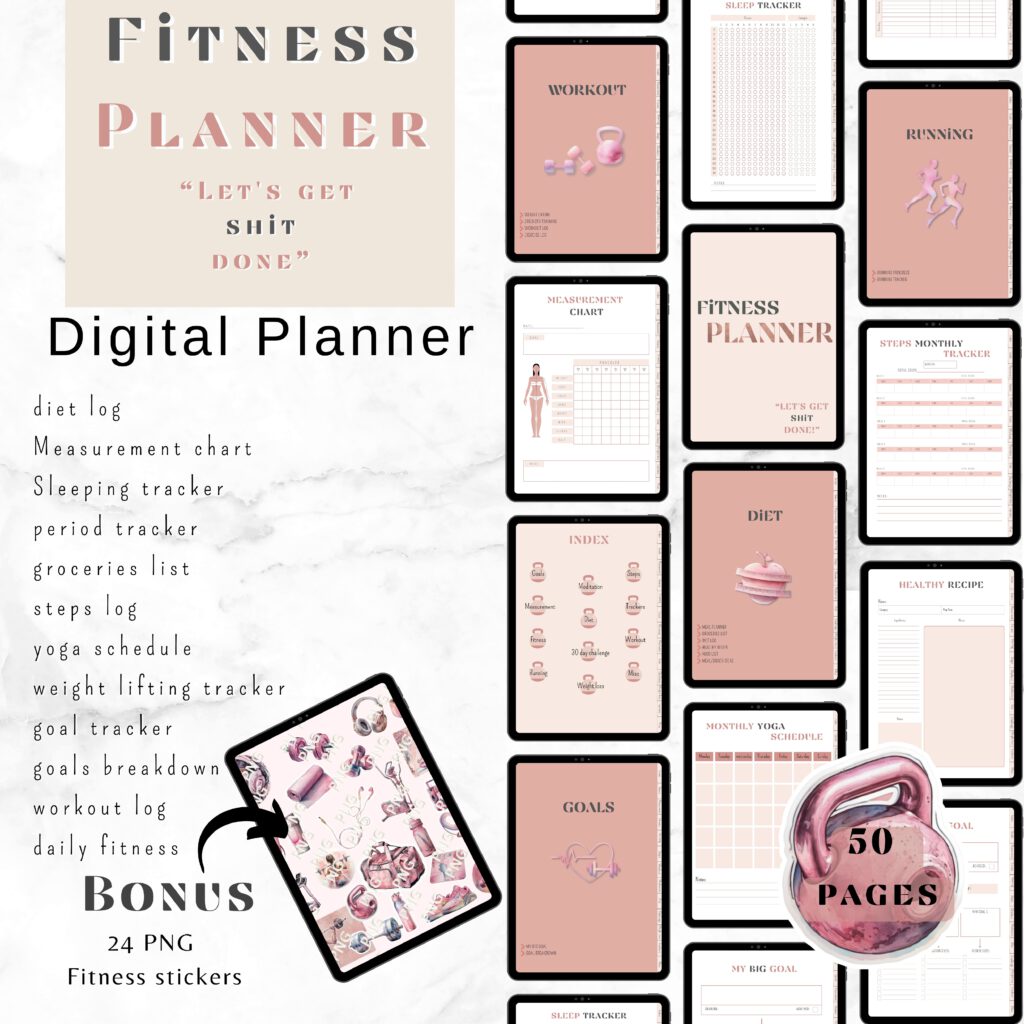 Digitale fitness planner, fitness planner, fitness clipart, fitness stickers, png, journaling