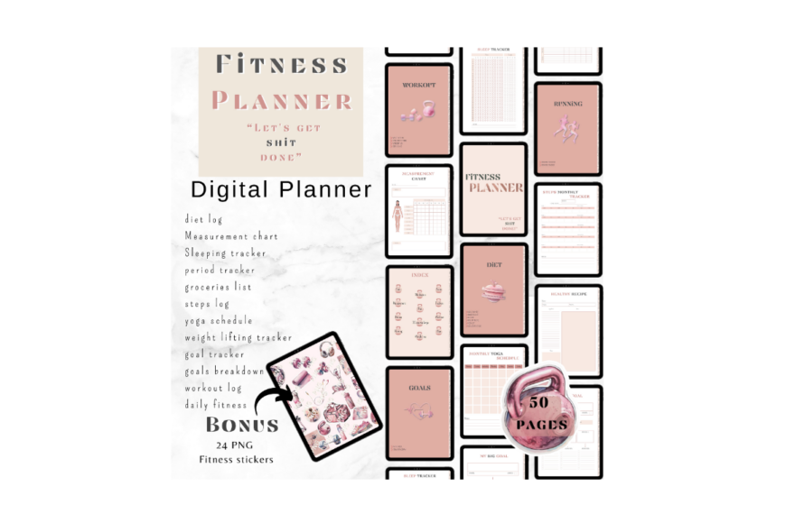 digitale fitness planner en stickers, fitness clipart, fitness planner, digitale planner, journaling, clipart