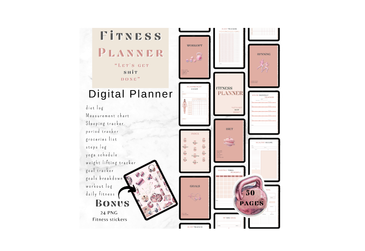 digitale fitness planner en stickers, fitness clipart, fitness planner, digitale planner, journaling, clipart